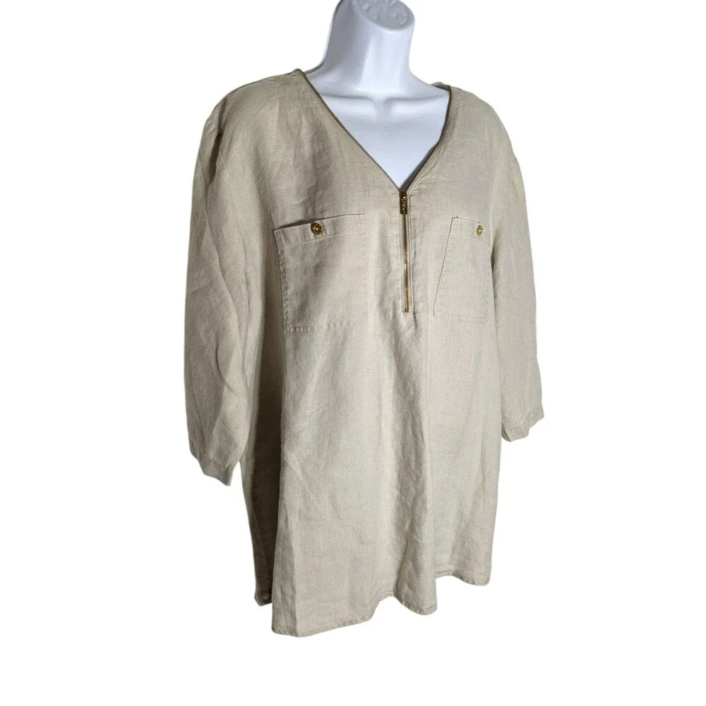 Company Ellen Tracy 100% Linen Tunic Plus 2XL Khaki Gold Career Travel Office - Picture 4 of 14